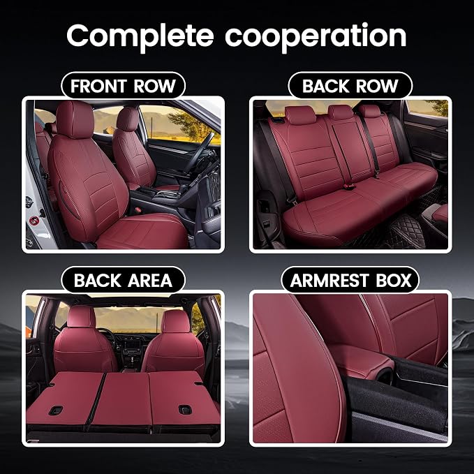 HKZ Custom Fit Civic Seat Covers for Honda Civic Sedan 2016 2017 2018 2019 2020 2021 LX (Not for LX-P)- 5-Seats Leather Full Set,Wine Red - Image 8