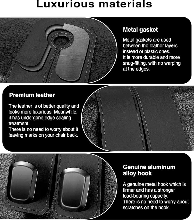 Car Hooks for Headrest, 2Pcs Seat Back Storage Hook Luxurious Leather 100% Metal Multifunctional Car Hanger & Holder for Heatrest, Seat, Bag, Purse (Black) - Image 2