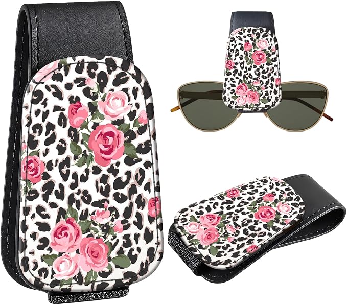 Leather Magnetic Sunglass Holder for Car Sun Visor, Cute Eyeglass Ticket Card Hanger Clip, Universal Auto Interior Accessories for SUV Pickup Truck, Rose Leopard by Unknown
