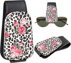 Leather Magnetic Sunglass Holder for Car Sun Visor, Cute Eyeglass Ticket Card Hanger Clip, Universal Auto Interior Accessories for SUV Pickup Truck, Rose Leopard by Unknown