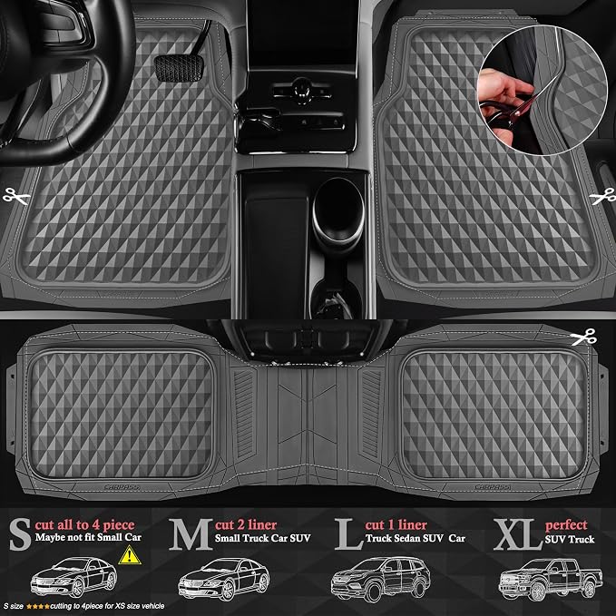 CAR PASS Deep Dish Heavy Duty Rubber Car Floor Mats All Weather, Gray | 3D Rhombus Waterproof, Durable Anti-Slip, Trim to Fit Liner Universal Fit 95% Automotive Sedan SUV Truck, Easy Clean 3 Pieces - Image 3