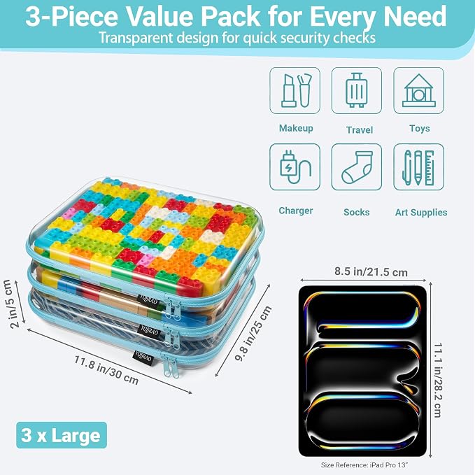 YQBRAO Clear Hard Shell Zipper Cases, 3 Large Travel Organizers, Blue | Rigid 1.2 mm PET and YKK dual zippers for full-size toiletries, makeup palettes, electronics and craft supplies - Image 4