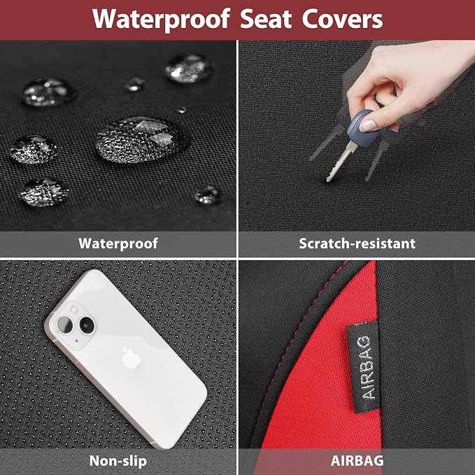 CAR PASS Neoprene Wetsuit Seat Covers, Waterproof Car Seat Covers Front with 5mm Composite EVA, Universal Fit for Car,Sedan, SUV TrucksAnti Slip, Airbag Compatible(Black and Red - Image 5