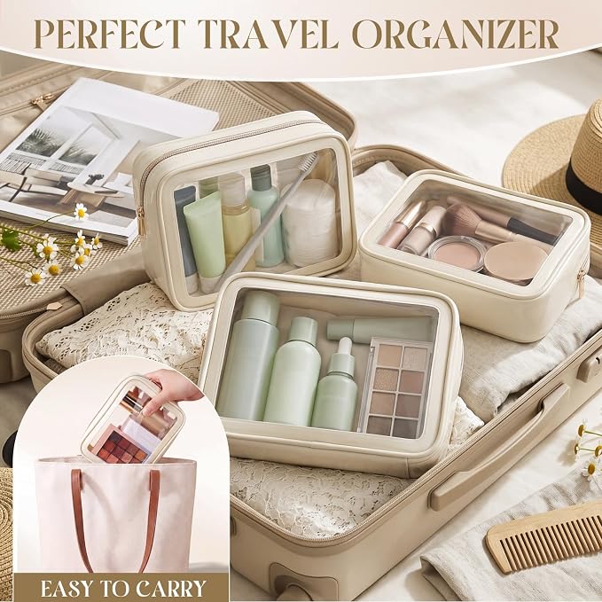 Hsei 12 Pcs Clear Makeup Bags Diaper Bag Organizer Travel Toiletry Bags with Zipper Clear Cosmetic Organizer Car Storage Pouch Bridesmaid Gift for Women Beach Vacation (Beige) - Image 5
