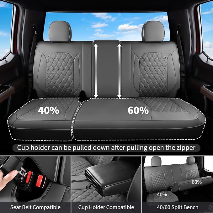 Huidasource Gray Rear Seat Covers Fit for Ford F150 2015-2026 & F250 F350 F450 2017-2026 Crew Cab XL XLT Lariat King Ranch Platinum, Nappa Leather Waterproof Rear Bench Car Seat Cover - Image 3