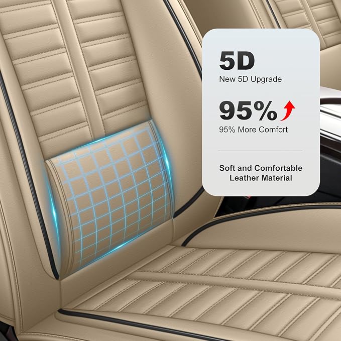 Fit for Mazda Mazda 6 Seat Covers 2010-2021 Full Set | Faux Leather Waterproof Car Seat Covers, Airbag Compatible with Lumbar Support Anti-Slip Design, 5 Seater Beige - Image 3