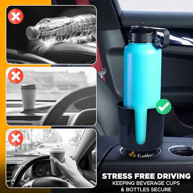 EcoNour Car Cup Holder Expander | Fits 32/40 oz Hydro Flasks | Yeti, Nalgene & Large Bottles up to 3.8" | Universal Cup Adapter for Cars with 3.2" Holders – Black - Image 9