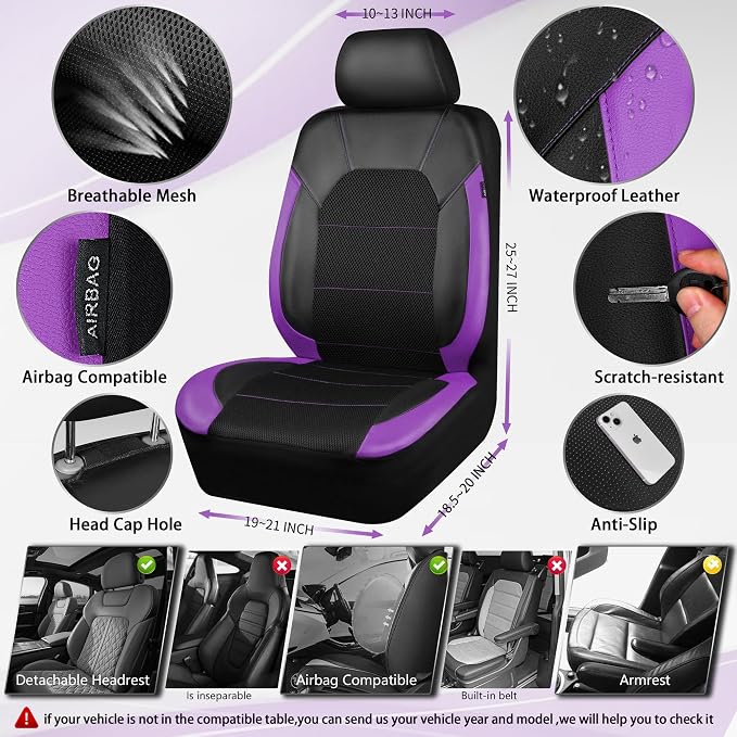 CAR PASS Leather Seat Covers, Breathable Universal Car Seat Cover Full Set for Cute Women Girly,Super 5mm Composite Sponge Inside,Airbag Compatible fits Most Auto,SUVs,Trucks,Vans(Black&Purple) - Image 2