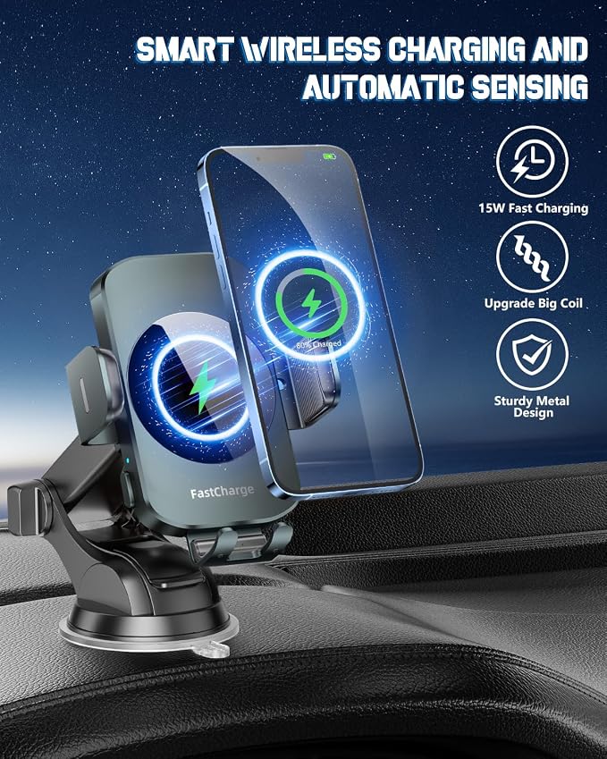 3-in-1 Wireless Car Charger Mount, 15W Fast Charging Auto-Clamping Phone Holder for iPhone 17 16 15 14, Samsung Galaxy S24 S23, Dashboard, Vent & Windshield Car Mount(Forest Green) - Image 2