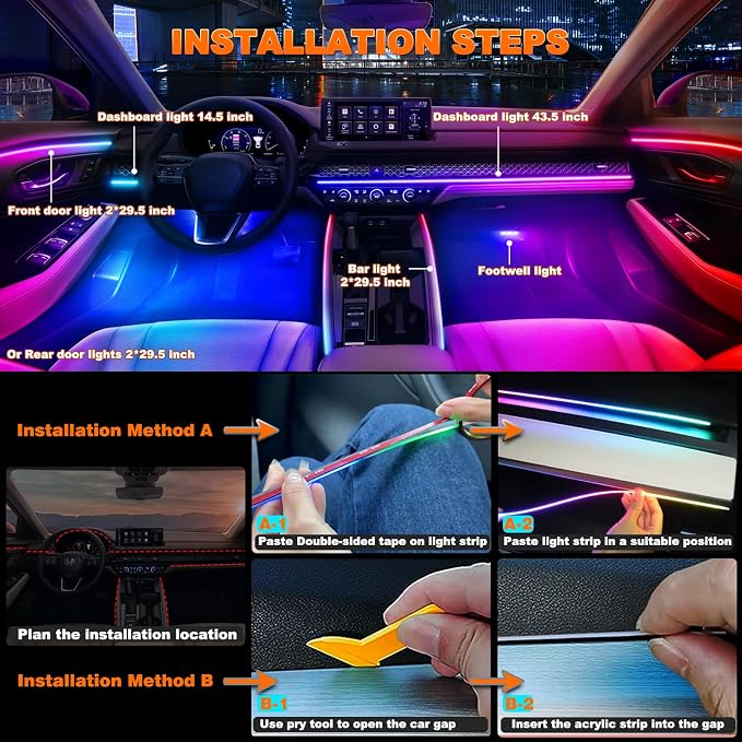Jushope Interior Car LED Strip Lights, USB Car Ambient Lighting (10 in 1) | Dynamic Dream-color Chasing Wireless APP Control Music Sync Flexible Acrylic LED Lights for Car - Image 6