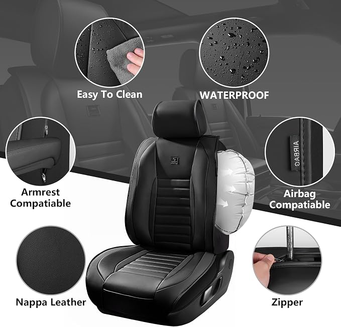 CAR PASS Nappa Leather Car Seat Covers Full Set, Luxury Seat Protector for Cars, Waterproof Anti-Slip Car Seat Cushion Armrest Compatible Airbag Universal for Sedan SUV Pick-up Truck Automotive, Black - Image 3