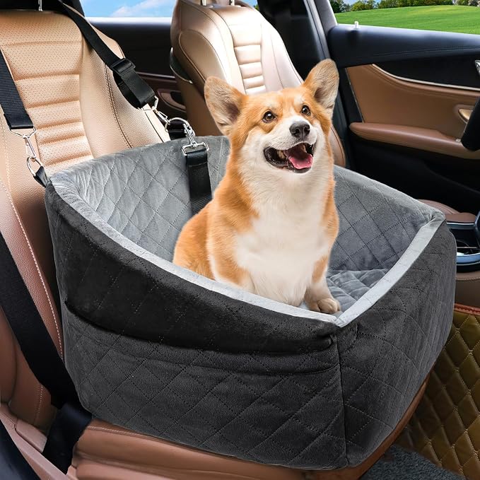 NEEZUKAR Dog Car Seat for Small Dogs,Detachable Washable Dog Booster Seat Under 30lbs, Pet Car Seat Travel Bed with Storage Pockets and Dog Safety Belt (Black/Grey) by NEEZUKAR