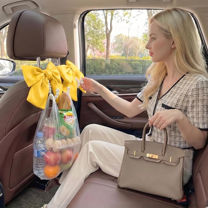 2PCS Satin Bow Pearl Car Seat Headrest Hooks – Car Bag Holder & Vehicle Hanger for Purses – Cute Coquette Aesthetic Interior Decoration – Cute Auto Organizer Accessories Universal (Sunshine Yellow) - Image 8