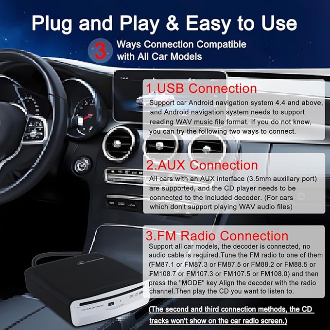 Portable Universal CD Player for Car with USB Port AUX Port,USB External CD Player for Vehicle,Laptop,Desktop,TV,Mac,Computer,for Android 4.4 and Above Navigation - Image 3