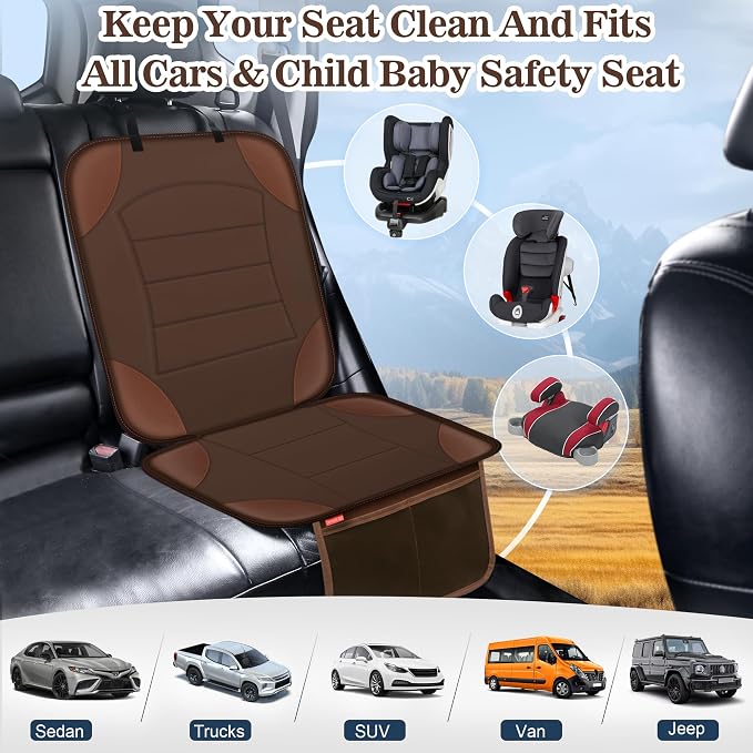 Sinvitron Car Seat Protector for Child Car Seat - Waterproof Non-Slip Leather Mat with 2 Mesh Pockets, Universal Seat Cover for Baby, Pets & Vehicles(2-Pack, Brown) - Image 3