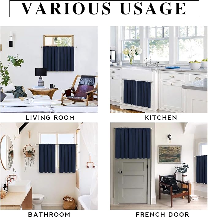 RYB HOME Basement Bathroom Kitchen Cafe Blackout Privacy Window Curtains | Thermal Insulated, Light UV Heat Blocking, Privacy, Short Curtain Tiers for Laundry Room, W34 x L30, Navy Blue, 2 Panels - Image 7