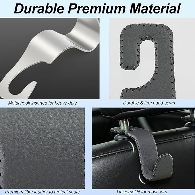 Car Headrest Hooks, Universal Car Seat Back Organizer Hanger, Premium Leather & Metal Construction, Multipurpose for Handbag, Purse, Coat, Ergonomic Design, 4 Pack Gray - Image 6