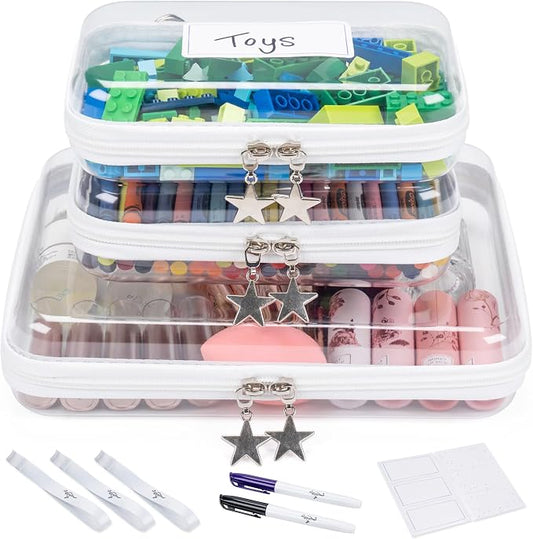 Clear Hard Shell Zipper Case Set (1Large + 2Small), 120s Thick PET Plastic Storage Bags, Dual Zipper Travel Organizer with Star Charms, Removable Strap, Removable Labels & 2 Markers by Unknown