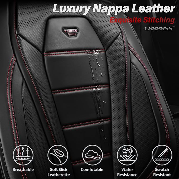 CAR PASS Luxury Nappa Leather Car Seat Covers Front Seats, Waterproof Seat Cover for Cars 2 Seats, Black Car Seat Protector, Automotive Seat Cover Universal Fit for Most Sedans SUV Trucks Black - Image 4