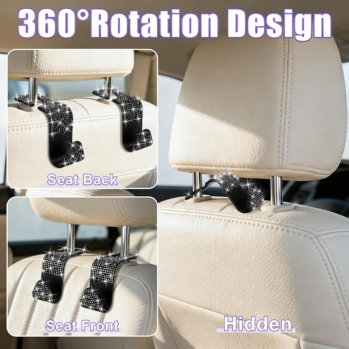 BFXM 6 Pack Car Seat Headrest Hooks,Car Accessories Bling Black | Back Seat Purse Hanger Holder Hook, Universal Storage Organizer for Handbag Grocery Bags Coats - Image 4