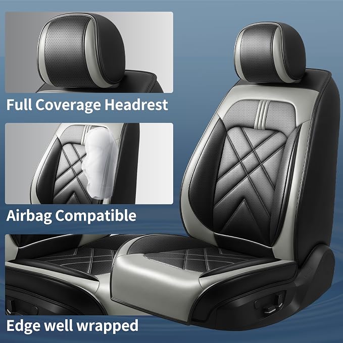 Car Seat Covers Fit for KIA Sorento 2008-2026, Premium Full Coverage Leather Automotive Seat Protectors, All Seasons Waterproof Breathable, Airbag Compatible, Front Seats, Black Gray - Image 2
