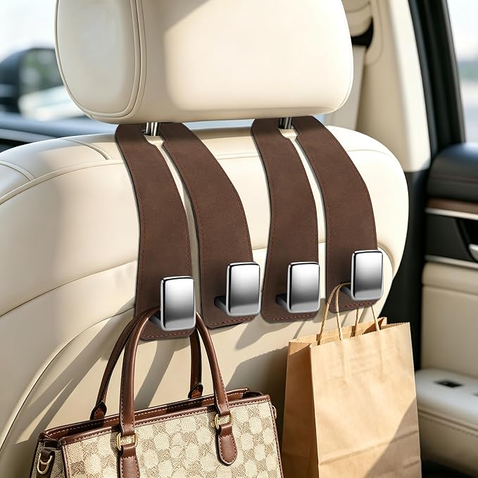Amooca Car Headrest Hooks 4-Pack Suede Seat Organizer with Metal Core | Universal Fit, Double-hook Design, Backseat Storage for Backpack Umbrella Water Bottle Coat Purses Handbags Groceries, Brown - Image 7