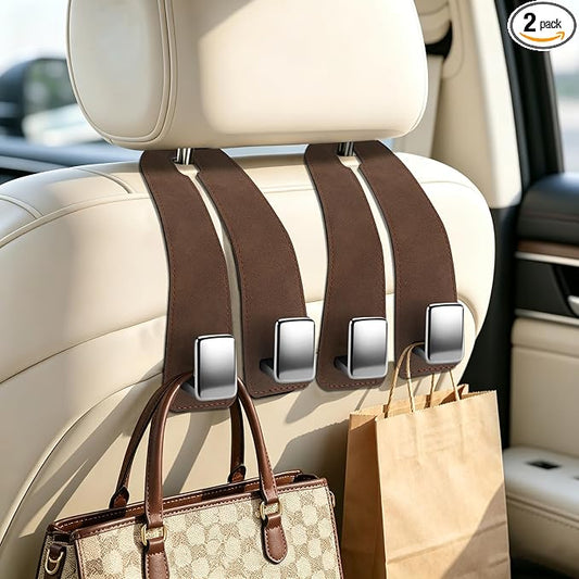 Amooca Car Headrest Hooks 2-Pack Suede Seat Organizer with Metal Core | Universal Fit, Double-hook Design, Backseat Storage for Backpack Umbrella Water Bottle Coat Purses Handbags Groceries, Brown by Amooca