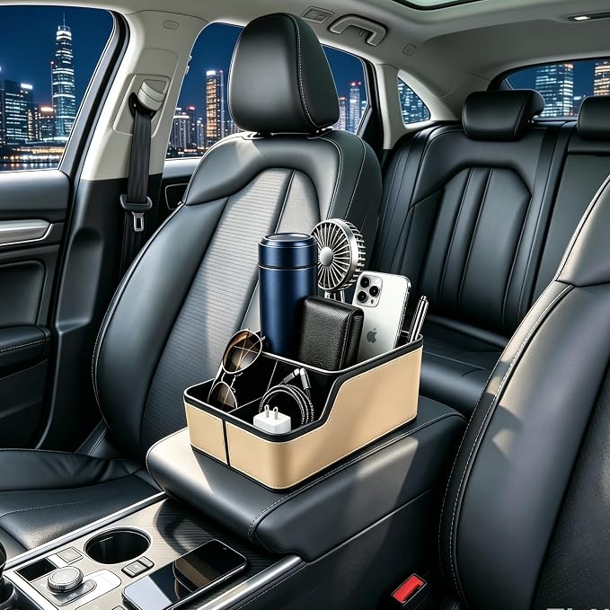 Car Seat Organizer with Compartment,Small Caddy for Car Beige | Armrest Extra Storage Box,Car Front & Back Seat Floor Organizer,Console Organizer Cup Holder for Cars SUVs Pickup Van Truck - Image 7
