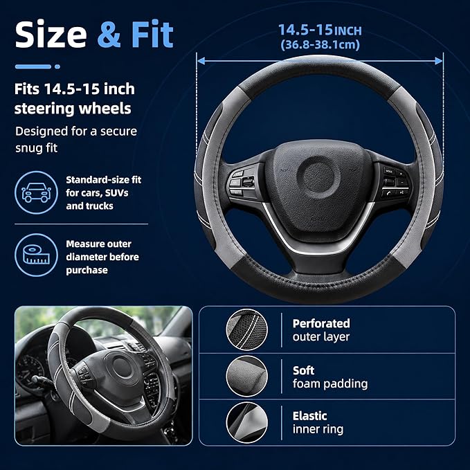 Elantrip Steering Wheel Cover for 14.5" to 15" Wheels, Soft Padded Grip with Anti-Slip Inner Lining, Breathable Comfort for Daily Driving, Easy Stretch Fit for Cars, SUVs and Trucks, Black/Gray - Image 4