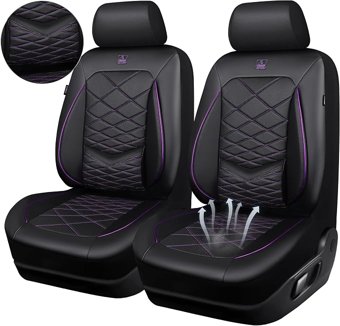 CAR PASS Luxury Nappa Leather Front Seat Covers, Water Resistant 3D Foam Seat Covers with Lumbar Support, Breathable Auto Seat Cover Airbag Compatible Universal Fit Sedan SUV Van Truck, Black Purple - Image 8