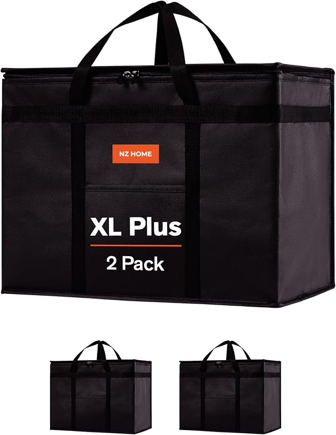 Insulated Food Bag, Portable Cooler Tote (XL Plus, Black, 2 Pack) | Large thermal bag, For cold & hot food, Soft sided cooler, Heavy duty carrier, Grocery shopping, Food delivery, Catering bag by NZhome