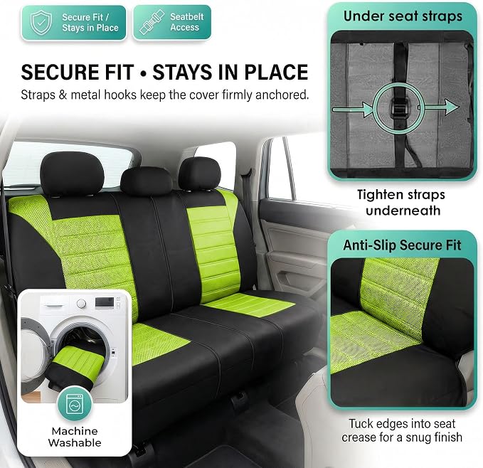 FH Group Automotive Car Seat Covers Rear Set Premium 3D Air Mesh Seat Covers, Airbag Compatible and Split Bench Cover Universal Fit Interior Accessories for Cars Trucks and SUVs - Green - Image 4