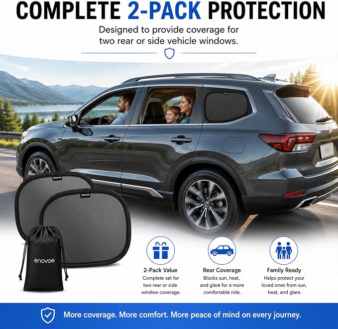 2-Pack Car Window Shades by Enovoe - 19" x 12" in Side Window Cover for SUVs, Sedans, and Trucks - Protects Baby from UV Rays and Glare - Cling Design for Easy Use - Plain - Image 7