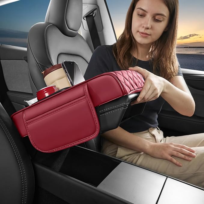 5 in 1 Nappa Leather Console Armrest Cover, Burgundy | Built-in cup holder, tissue slot, phone holder & 2 storage pockets, practical car accessories fit SUV sedan truck - Image 8