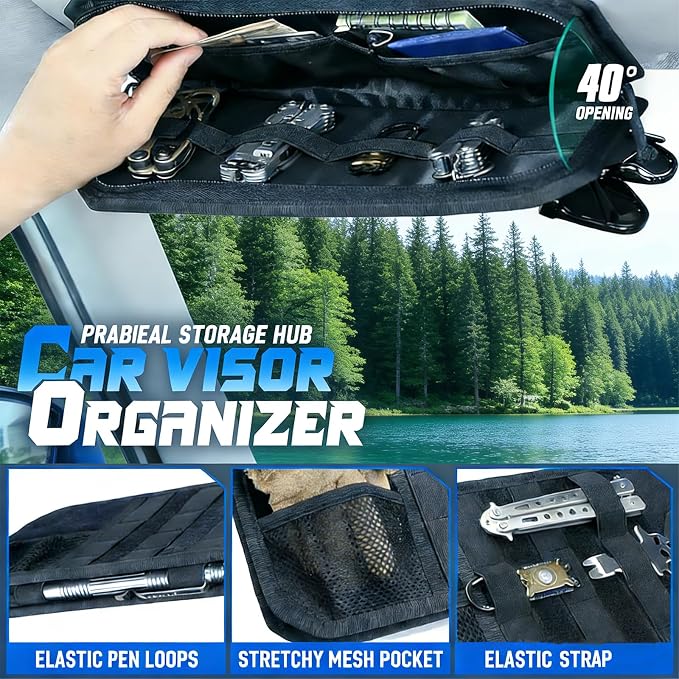 Molle Car Sun Visor Organizer,Car Accessories with Zipper Visor Storage Pouch&Glasses Clip&Adjustable Straps, Semi-Rigid Molle Panel for Tactical Gears, Fits Most Vehicles, SUVs (Khaki) - Image 4