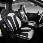 Custom Seat Covers for 2025 2026 Tesla Model Y Juniper 5-Seater Black+White | Waterproof Breathable Nappa Leather, OEM Factory Style Full Set, Full Coverage Design with Armrest Covers, Airbag Compatible by Ourplot