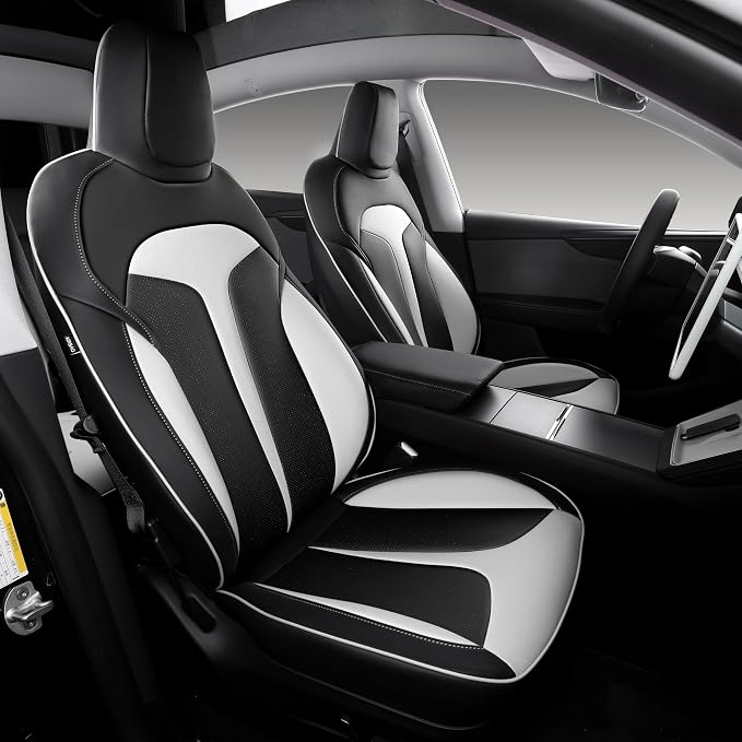 Custom Seat Covers for 2025 2026 Tesla Model Y Juniper 5-Seater Black+White | Waterproof Breathable Nappa Leather, OEM Factory Style Full Set, Full Coverage Design with Armrest Covers, Airbag Compatible by Ourplot