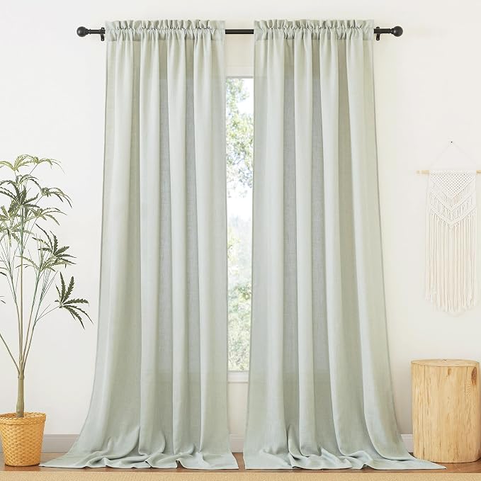 RYB HOME Privacy Semi Sheer Linen Curtains Extra Wide Curtains 108" Length, Rod Pocket Linen Blend Elegant Light Filtering Privacy Protected Panels for Farmhouse/Living Room, Sage, 52" W, 2 Panels by RYBHOME