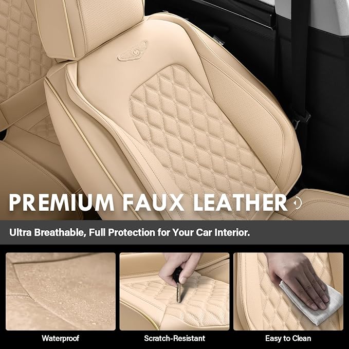 Coverado Full Set Leather Car Seat Covers, Waterproof Faux Leather Seat Covers, Beige Car Seat Protectors, 5 Seats, Universal Fit for Most Cars & SUVs-Beige - Image 6