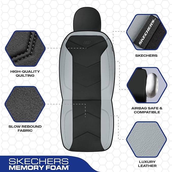 Skechers Memory Foam Seat Covers,Leather Car Seat Covers, Ultimate Comfort & Support Front Seat Covers Airbag Compatible, Automotive Universal Fit Most for SUVs, Vans, Sedans, Cars, Trucks,Gray - Image 3