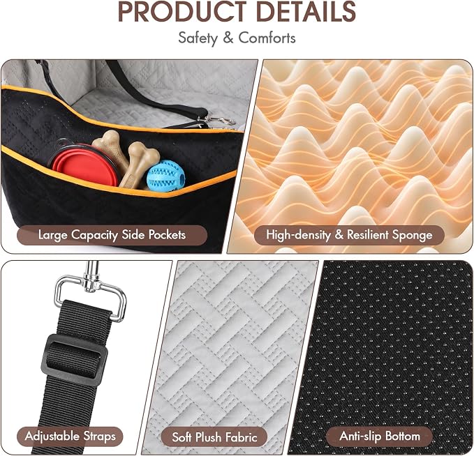 GINMIC Dog Car Seats for Small Medium Dogs up to 35 lbs – Dog Booster Car Seat with 5.3-Inch Memory Foam, Dual Safety Leashes, Detachable Washable Cover & Storage Pockets, Soft Travel Dogs Bed (Black) - Image 7