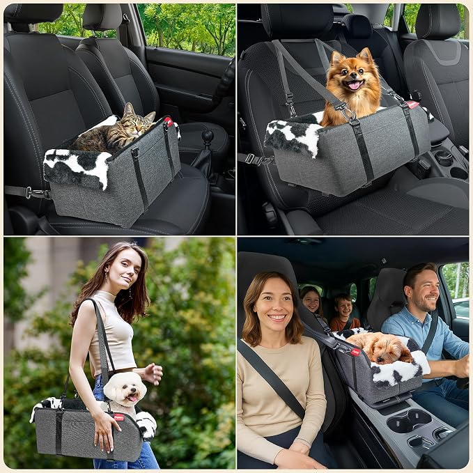BurgeonNest Center Console Dog Car Seat for Small Pets to 11lbs, Milk Cow | Anti-collapse armrest Console seat with washable fluffy cushion, pillow & tether for stable, cozy pet travel trips. - Image 6