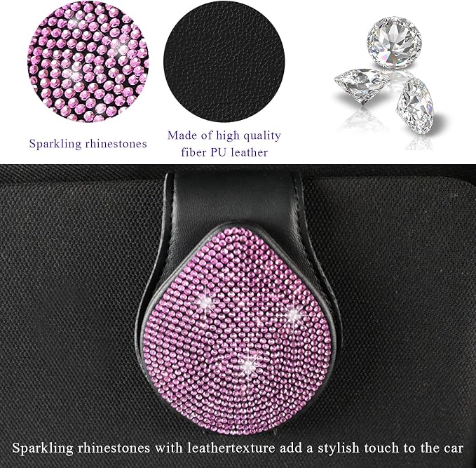 KVAEY Bling Sunglass Holder for Car Visor, Magnetic Leather Visor Clip Glasses Holder with Sparkling Rhinestones, Crystal Visor Ticket Card Clip for Women Girls, Car Accessories (Black & Pink) - Image 3