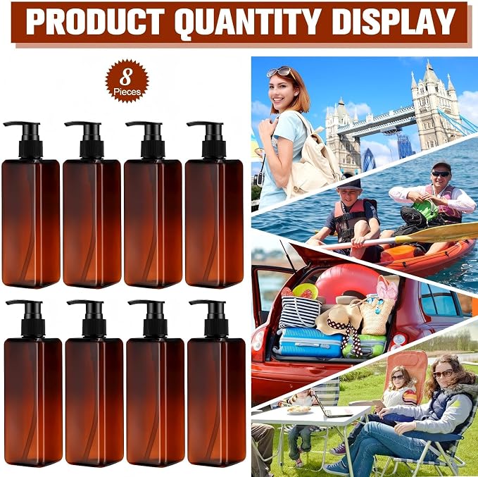 Didaey 8 Pcs Amber Plastic Bottles with Pump 16 oz Refillable Shampoo Dispenser Empty Body Wash Soap Conditioner Lotion Bottles for Bathroom, Kitchen Sink, Hotel, Salon, Cosmetic - Image 3