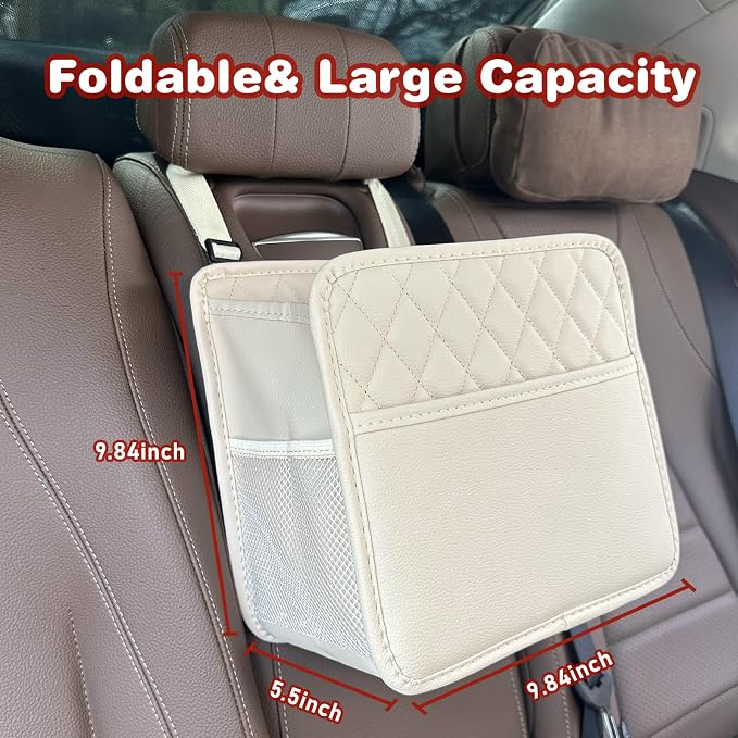 Witaxima 2 Pack Upgraded Car Seat Organizer Backseat with Storage Pockets, Multipurpose Car Organizer Hanging Car Trash Bag Premium PU Leather Garbage Can 2.14 Gallon Large Capacity Accessories Beige - Image 3