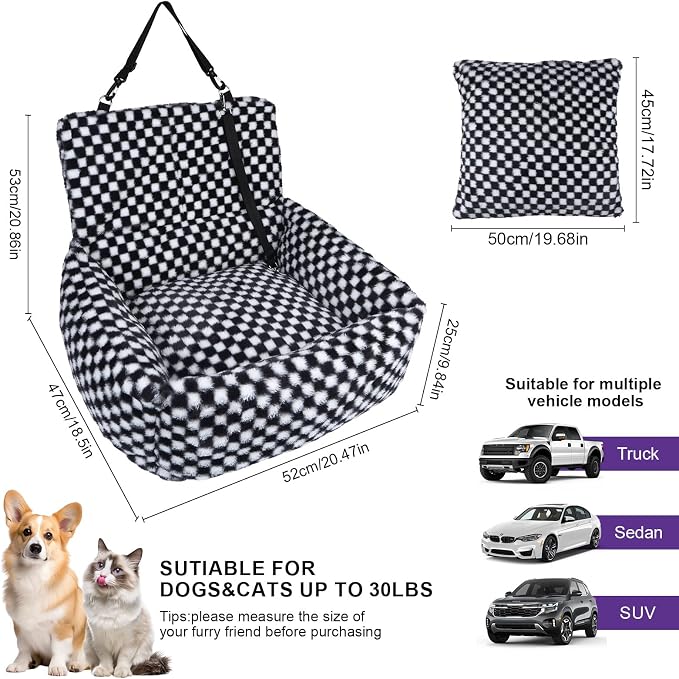 Dog Car Seat for Small Dogs,Medium Dog Car Bed with Detachable Washable Cover,Pet Puppy Booster Cars Seats with Safety Belt Up to 30 lbs(Grid Black) - Image 3