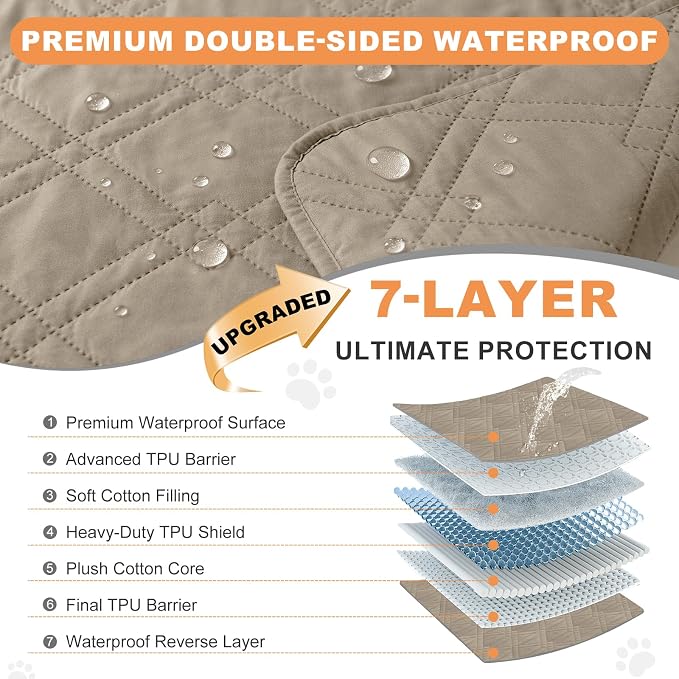 100% Waterproof Washable Dog Blanket，Khaki+Khaki， 42"x50" | ,7-Layer Reversible Couch Covers for Dogs Met for Sofa Furniture Car Camping - Image 2