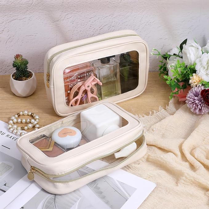 6 Pcs White Clear Makeup Bags with Zipper Car Cosmetic Bag PU and PVC Travel Toiletry Pouches for Women Gift, Valentine's Day Wedding Gift - Image 3
