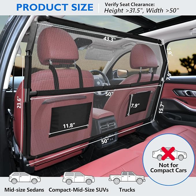 Dog Barrier for SUV, 50" Dog Car Barrier Behind Front Seat, Escape-Proof Back Seat Divider & Cargo Area Gate, Durable Dog Net for Car, Safety Mesh Pet Restraint - Image 5
