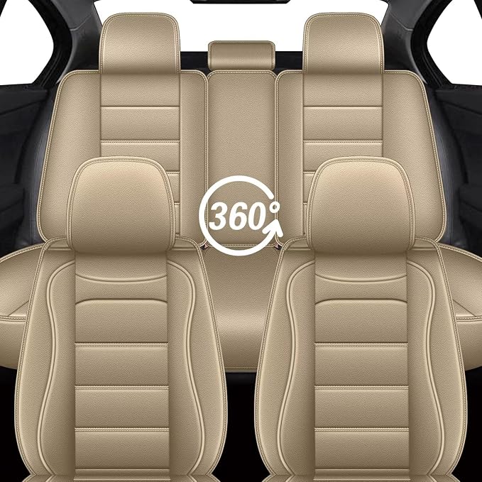 IKABEVEM Car Seat Covers Full Set Fit for Nissan Titan 2009-2025 2026: 5 Seat Auto Interior Accessories, Waterproof Faux Leather Vehical Car Seat Cushion Covers(Beige) - Image 7